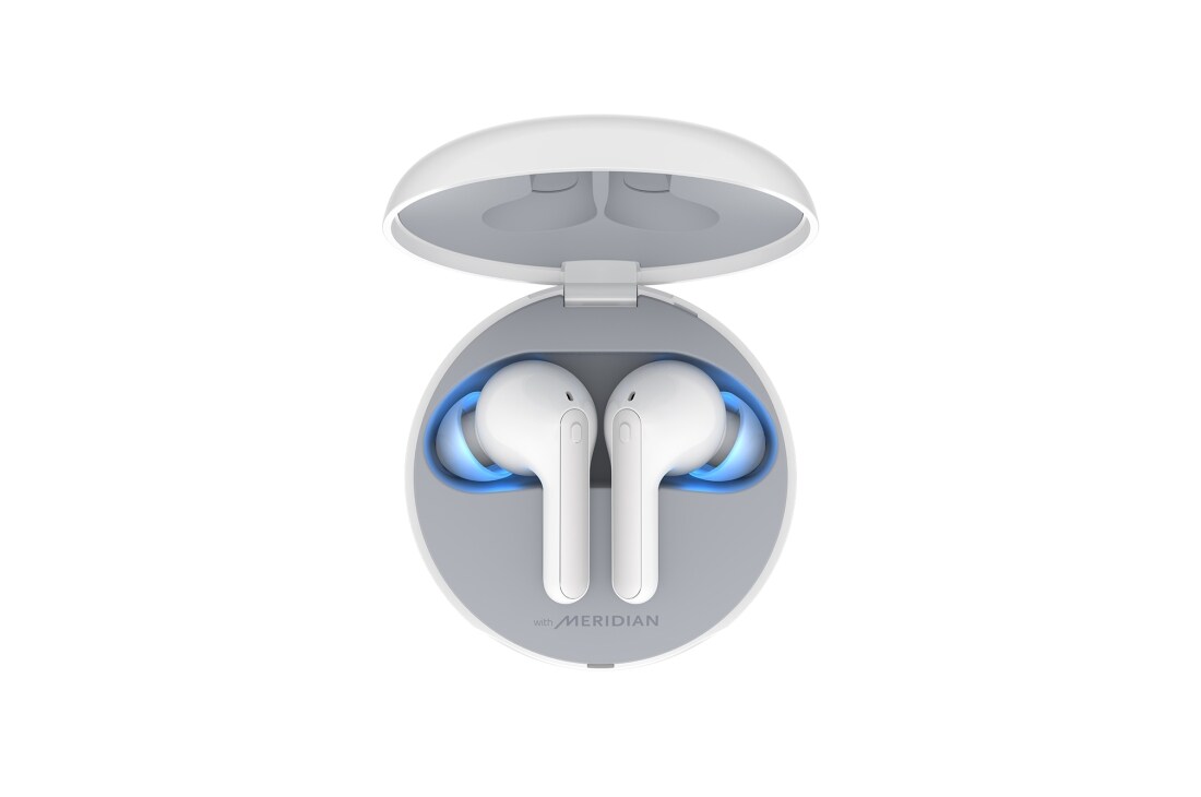 LG TONE Free FN7, Відкритий зарядний кейс з увімкненим атмосферним підсвічуванням і логотипами сертифікації UVnano, вид зверху, HBS-FN7, thumbnail 2