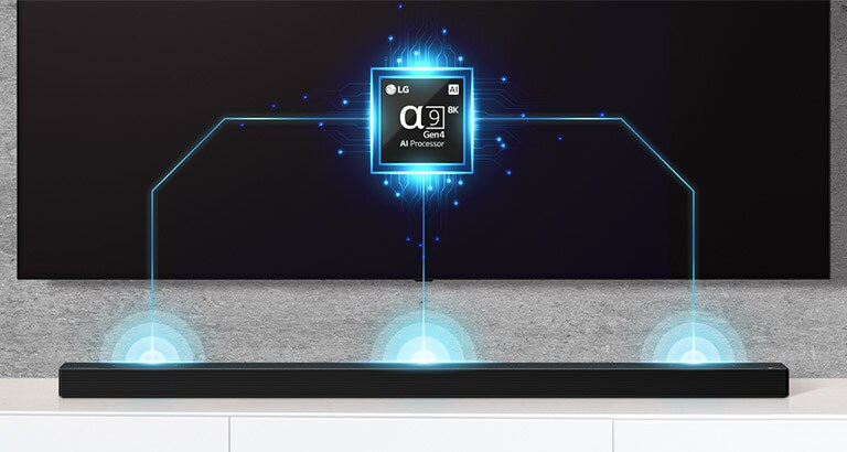 Зображення мікросхеми Alpha 9 на телевізорі й саундбар, розташований під ним. Зображено ефект розповсюдження звукових хвиль від саундбару.