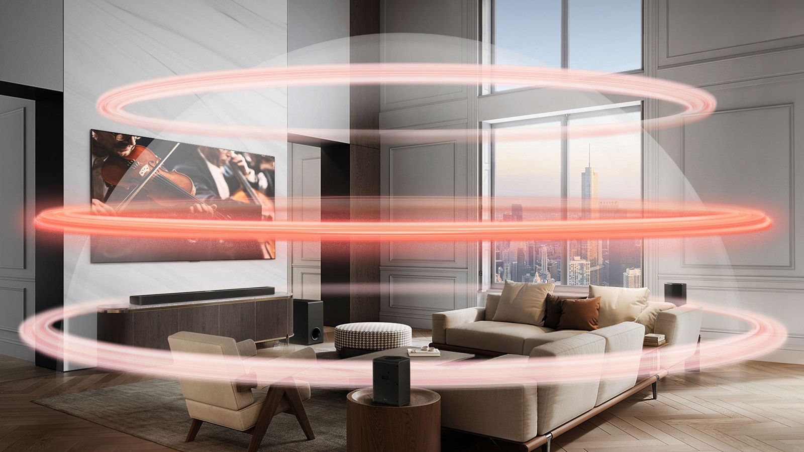 LG Soundbar, rear speakers and LG TV are in a grand city apartment. Three red bands appear one at a time depicting virtual layers, and come together to create a whole sound dome.