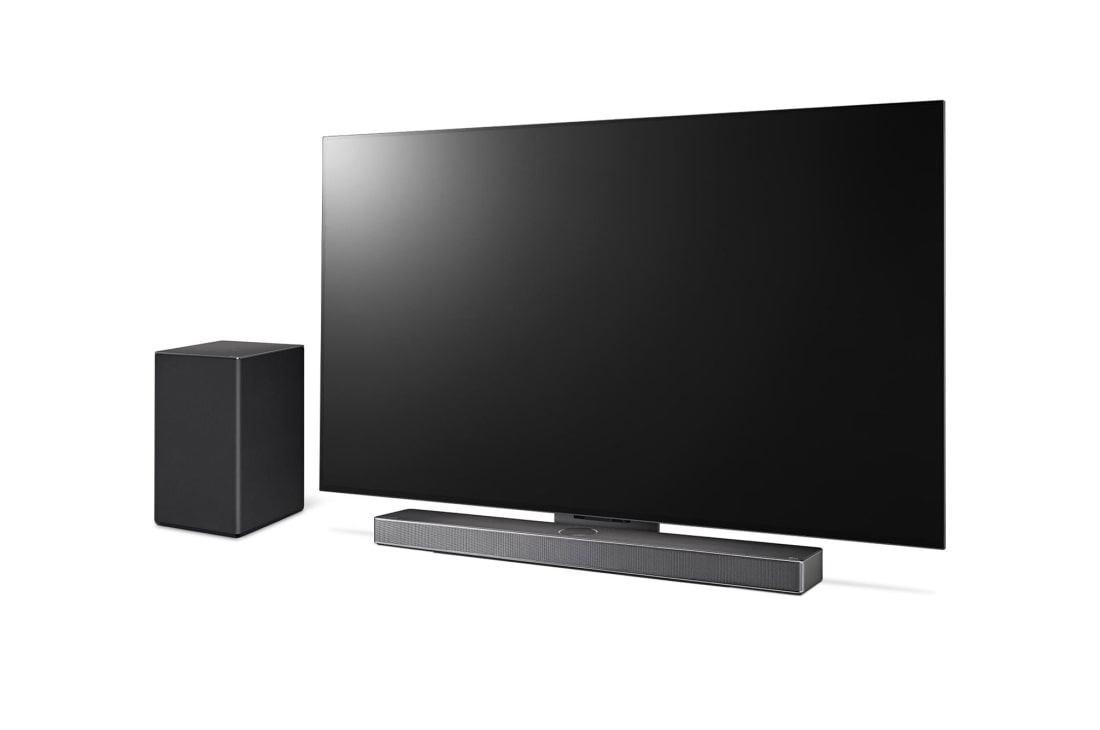 LG Саундбар LG SC9S, 45 degree side angle view of Sound Bar, LG TV, and subwoofer, SC9S, thumbnail 8