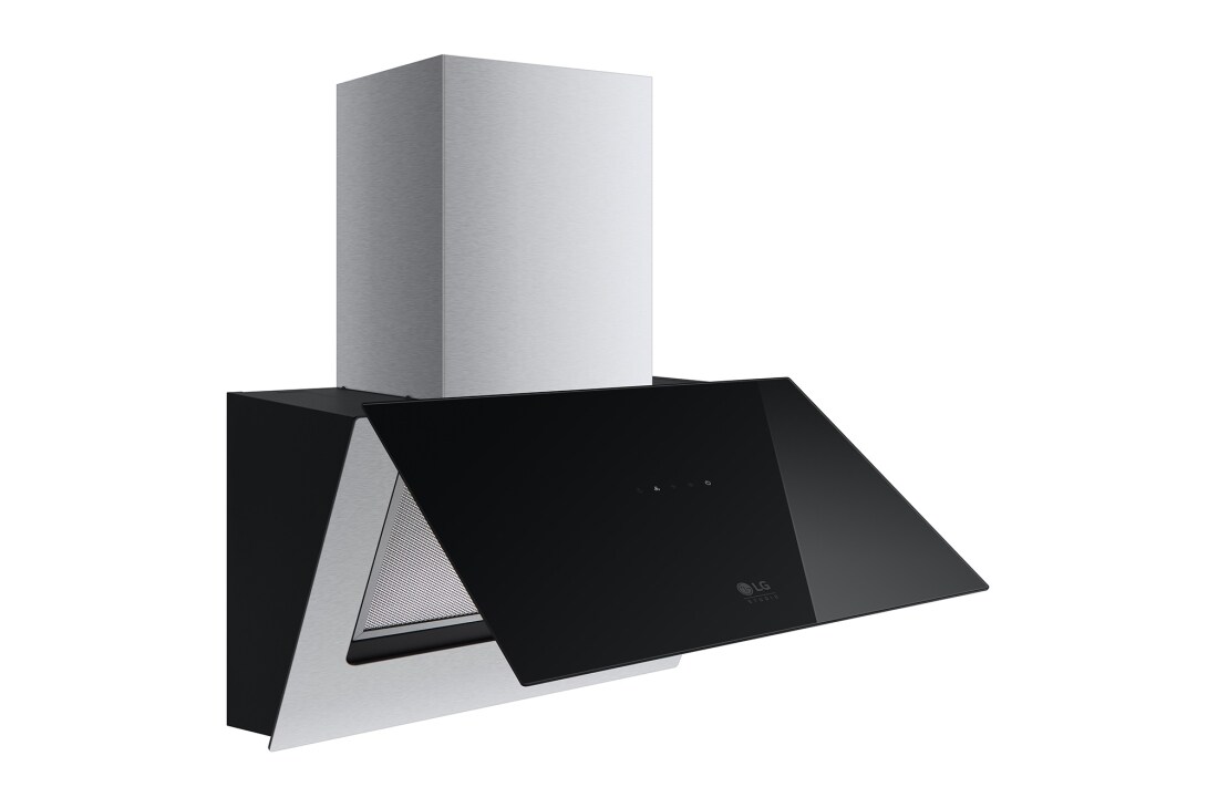 LG Декоративна витяжка LG Studio, 60 см, максимальна потужність 640 м3/г, очисний фільтр, LED підсвітка, Зображення відкритої витяжки з лівого боку, HCEZM2427B2, thumbnail 3