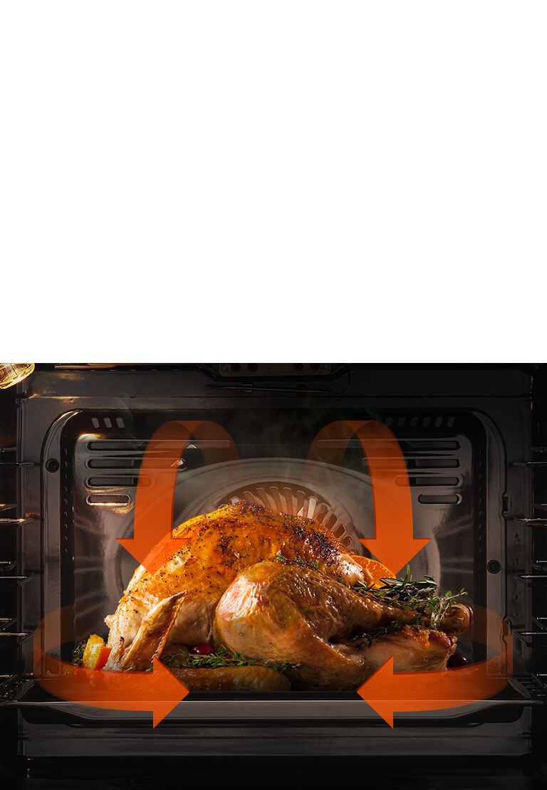 В духовій шафі запікається індичка. Стрілки з обох боків і зверху показуються, що іжа готується рівномірно з усіх боків. 
