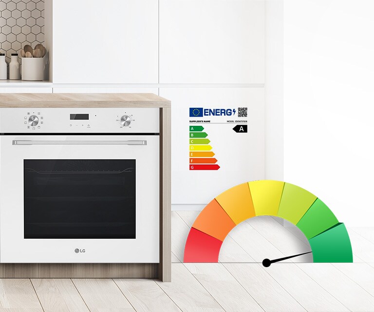Вбудована духова шафа встановлена на сучасній кухні. На зображенні показана веселка, що позначає енергоефективність, стрілка вказує на зелений колір. Логотип значка енергоефективності та QR-код вказує стрілкою на піраміду, яка вказує на зелене світло.