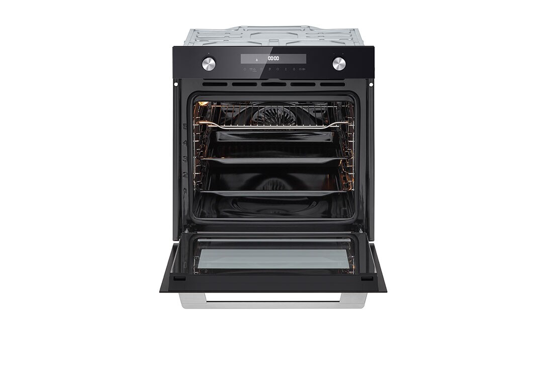 LG Вбудована духова шафа, 72 л., великий об'єм, рівномірне приготування,  багато режимів приготування, Зображення відкритої духової шафи спереду з увімкненою підсвіткою 1, WSEZM7225B1, thumbnail 2