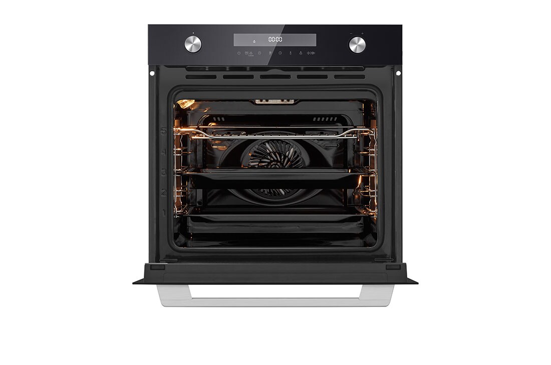 LG Вбудована духова шафа, 72 л., великий об'єм, рівномірне приготування,  багато режимів приготування, Зображення відкритої духової шафи спереду з увімкненою підсвіткою 2, WSEZM7225B1, thumbnail 3