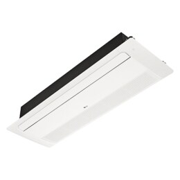 LG Ceiling Cassette ARNU24GTTB4 має прямокутну форму й чорний прямокутний паралелепіпед унизу. Спереду є рухома панель, а ззаду&nbsp;— довгий отвір, щоб повітря могло надходити й виходити.2