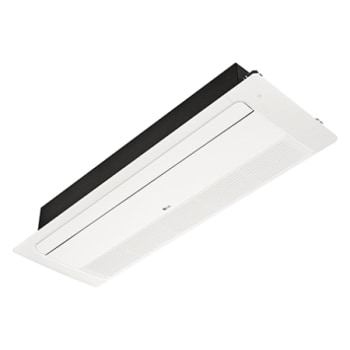 LG Ceiling Cassette ARNU24GTTB4 має прямокутну форму й чорний прямокутний паралелепіпед унизу. Спереду є рухома панель, а ззаду&nbsp;— довгий отвір, щоб повітря могло надходити й виходити.1