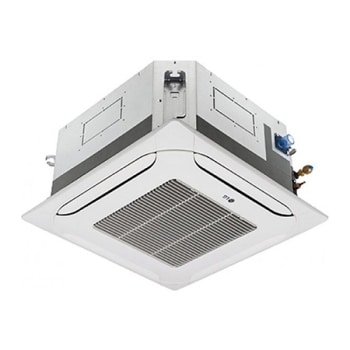 LG Ceiling Cassette ARNU18GTQB4 складається із сірої верхньої частини й білої нижньої частини. Унизу розташовані вентилятори в чотирьох напрямках, щоб повітря могло циркулювати.1
