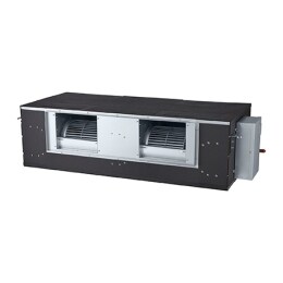 LG Concealed Duct ARNU76GB8A4 is a black rectangular parallelepiped with two air outlet vents on the front.2