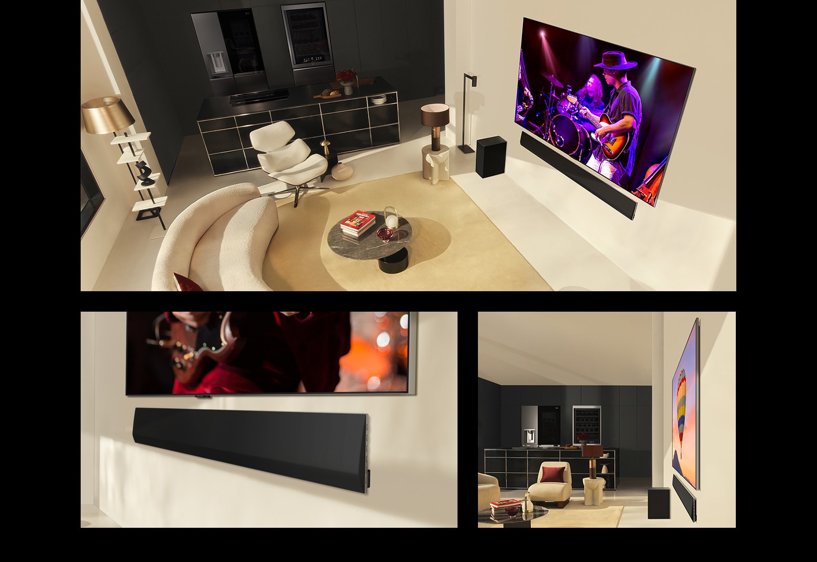 PC: Пара дивиться концерт на LG OLED evo G4 з неперевершеним звуком завдяки LG Soundbar SG10TY у сучасному житловому приміщенні.   MO: Чоловік дивиться концерт на LG OLED evo G4 з неперевершеним звуком завдяки LG Soundbar SG10TY у сучасному житловому приміщенні.   Нижня частина телевізора LG OLED TV з LG Soundbar, вигляд під кутом.  LG OLED evo G4 і LG Soundbar SG10TY, обидва пристрої мають неймовірно тонкі розміри та практично нульовий зазор від стіни, вигляд збоку. 