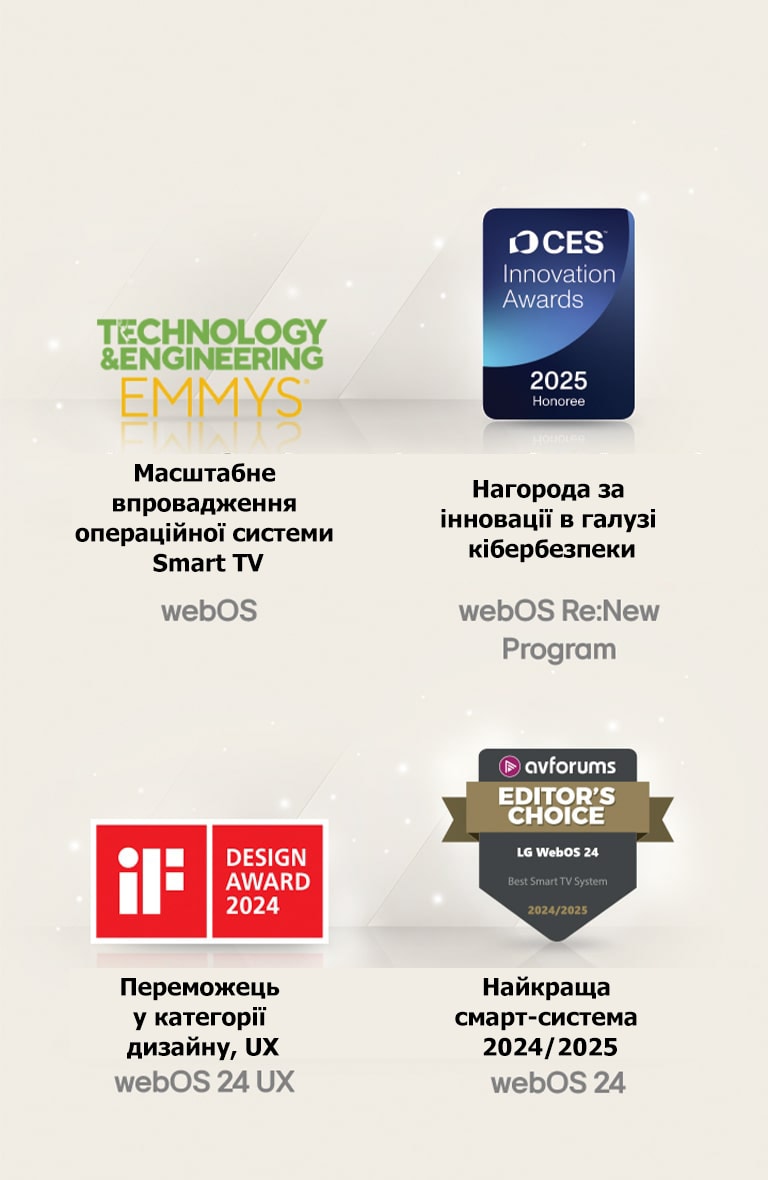 Нагороди, отримані LG webOS:  – Масштабне впровадження операційної системи Smart TV – 72-га премія Emmy® за технічні та інженерні досягнення. –  Innovation Award: відзначення за кібербезпеку – CES Innovation Awards 2025: переможець у категорії дизайну, UX – iF Design Awards 2024: найкраща смарт-система 2024 року – Вибір редакції AVForums