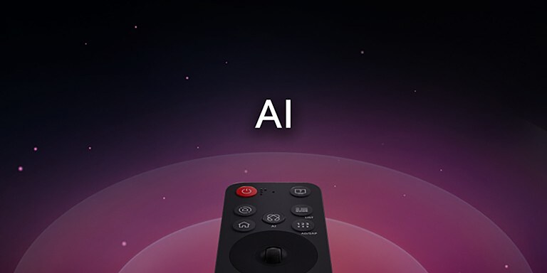 LG AI Magic Remote із виділеною кнопкою AI. Графічне представлення інтерфейсу користувача з піктограмами, яке показує, як за допомогою кнопки AI користувач може отримати доступ до різних функцій AI. До цих сервісів належать AI Voice ID, AI Search, AI Chatbot, AI Concierge, AI Picture Wizard та AI Sound Wizard. Функції відображаються, коли курсор з’являється над інтерфейсом, показуючи, як використовувати дистанційну камеру в ролі повітряної мишки, щоб просто вказати та клацнути.