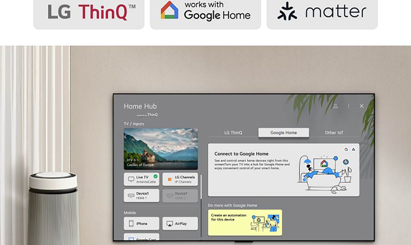 Телевізор LG  з Домашнім центром на екрані. На інтерфейсі показано Google Home, ThinQ й інші пристрої Інтернету речей, що демонструє, як ви можете легко керувати всіма своїми розумними пристроями на телевізорі.