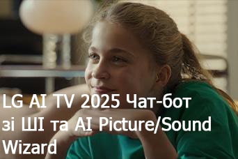 Назву видно, LG AI TV, AI Chatbot й AI Picture/Sound Wizard 2025. Дівчина сидить, усміхається і дивиться вдалину. 