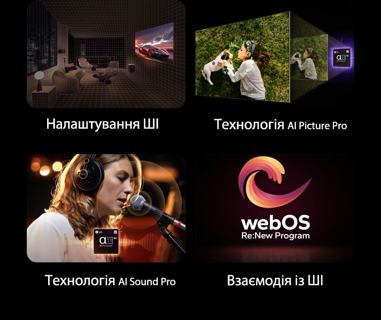 Чотири зображення показано поруч. На першому встановлений на стіні телевізор LG зі штучним інтелектом у темній і затишній вітальні. На другому вигляд під кутом телевізора LG зі штучним інтелектом із яскравою кольоровою графікою та процесором LG alpha 11 AI Processor 4K позаду. На третьому жінка, яка співає в мікрофон, і процесор LG alpha 11 AI Processor 4K у центрі внизу. На четвертому логотип webOS Re:New Program парить на чорному тлі.