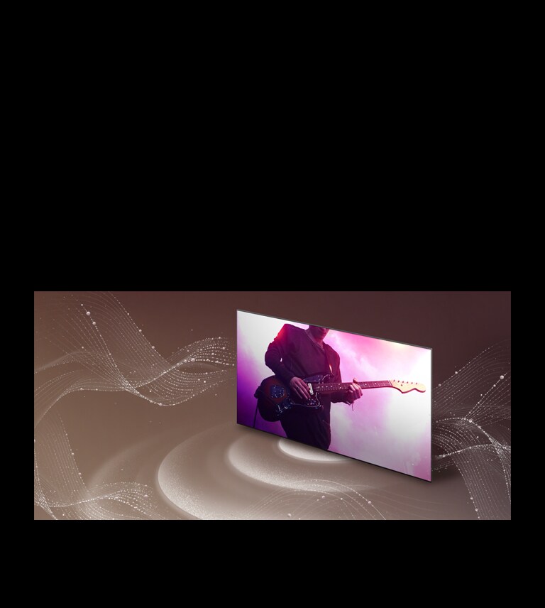 Телевізор LG зі штучним інтелектом під кутом показує, як під час гри гітари знизу телевізора випромінюються білі кола, а білі хвилі – збоку.