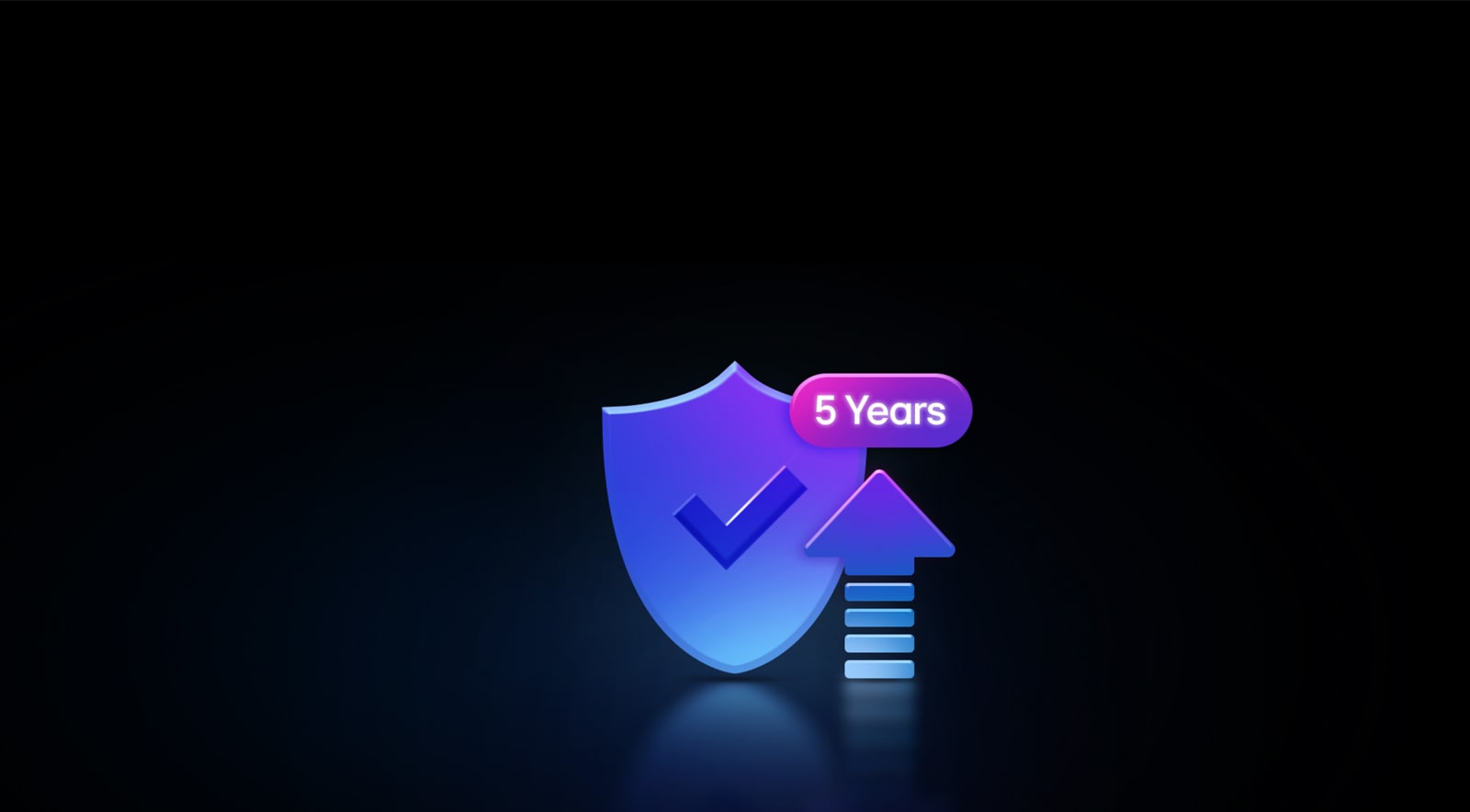 Неонова графіка на чорному тлі. Безперервний 5-річний захист показує галочку на зображенні щита зі стрілкою, спрямованою вгору та бульбашкою з текстом "5 років". 