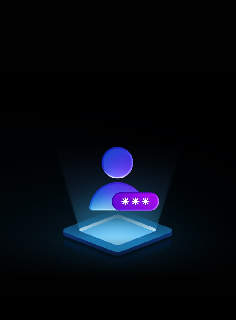 Неонова графіка на чорному тлі. Безпечне зберігання даних показує зображення людини та бульбашку з трьома зірочками над неоново-синім діамантом.