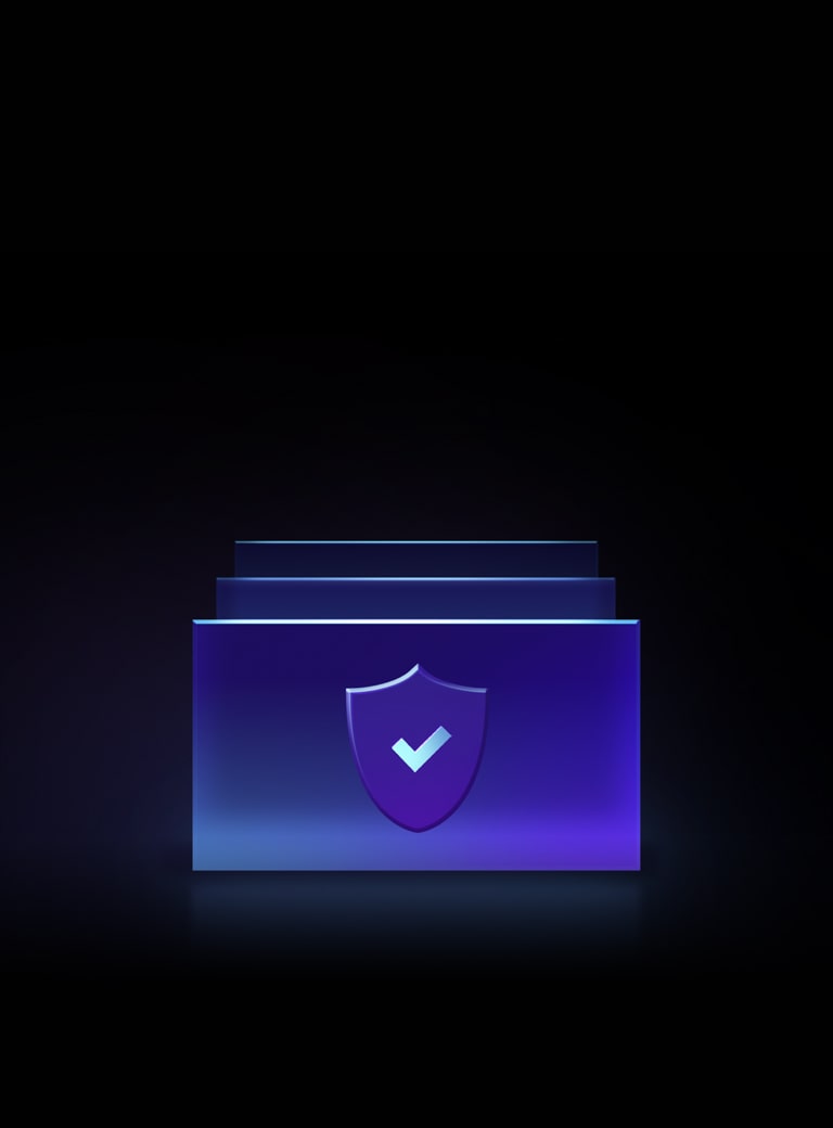 Неонова графіка на чорному тлі. Багаторівнева безпека показує щит із галочкою всередині горизонтального прямокутника та ще два прямокутники позаду.