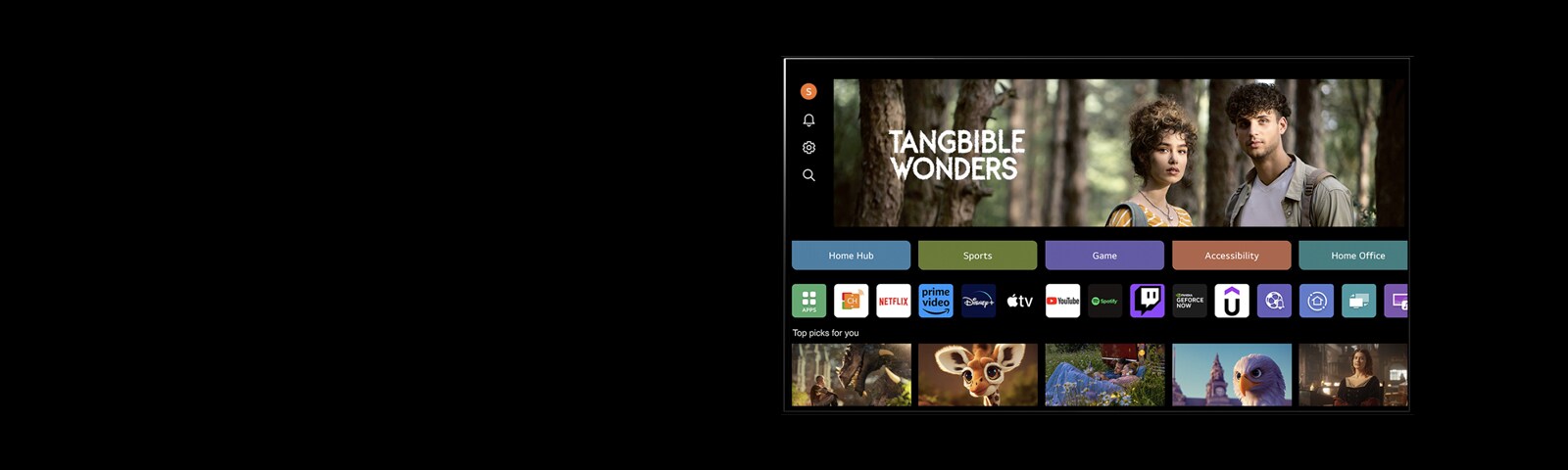 На екрані телевізора LG зі штучним інтелектом відображено My Profile. У верхній третині банер Tangible Wonders. Під банером відображено такі кнопки: Home Hub, Sports, Game, Accessibility, Home Office. Під кнопками відображено такі логотипи: LG Channels, Netflix, Prime Video, Disney+, Apple TV, YouTube, Spotify, Twitch, GeForce Now і Udemy. Під логотипами відображено 5 ескізів фільмів під текстом "Найкраще для вас".   Курсор натискає букву "S" у верхньому лівому куті. Відкривається розкривне меню облікового запису LG з п’ятьма назвами. Курсор натискає другу назву, коли ескізи та рекомендований вміст змінюються на екрані.