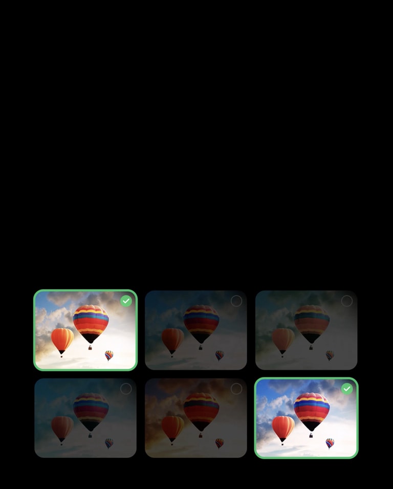 Показано галерею із 6 зображеннями повітряних куль у небі. Вибрано два зображення. Потім з’являється галерея із 6 зображеннями людей, які пускають мильні бульбашки. Вибрано ще 2. З’являється чорний екран із рожево-фіолетовою піктограмою завантаження. З’являється містичний пейзаж, зліва направо поступово проявляється деталізація.