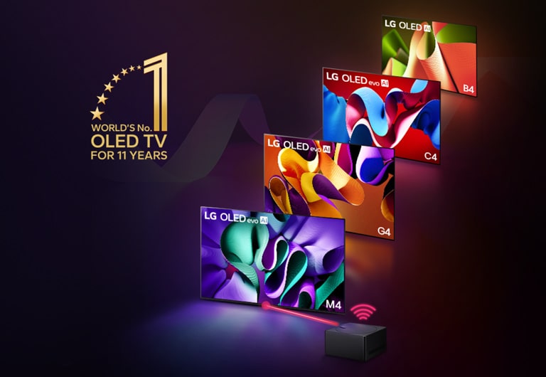 На чорному тлі LG OLED M4, LG OLED G4, LG OLED C4 та LG OLED B4 розташовано по діагоналі й позначено кольоровими дисплеями. У нижньому лівому куті розміщено логотип WORLD'S No.1 OLED TV FOR 11 YEARS.