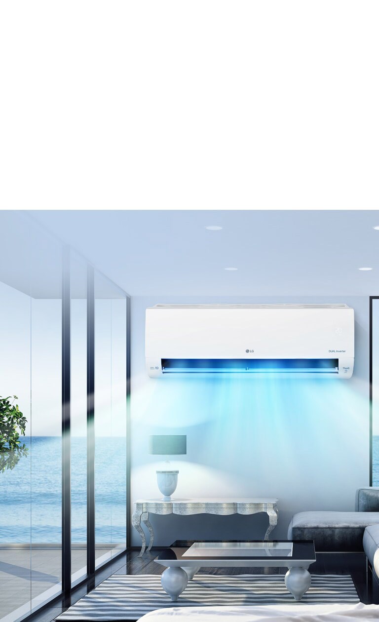 Кондиціонер розміщено в центрі зображення, блакитний вітер дме у вітальні перед ним.