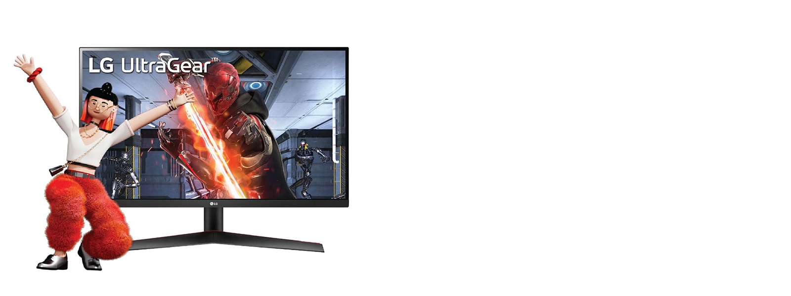 Ігровий монітор LG UltraGear з персонажем — монітор LG UltraGear із зображенням гри на екрані, поруч стоїть персонаж у яскравому вбранні. 