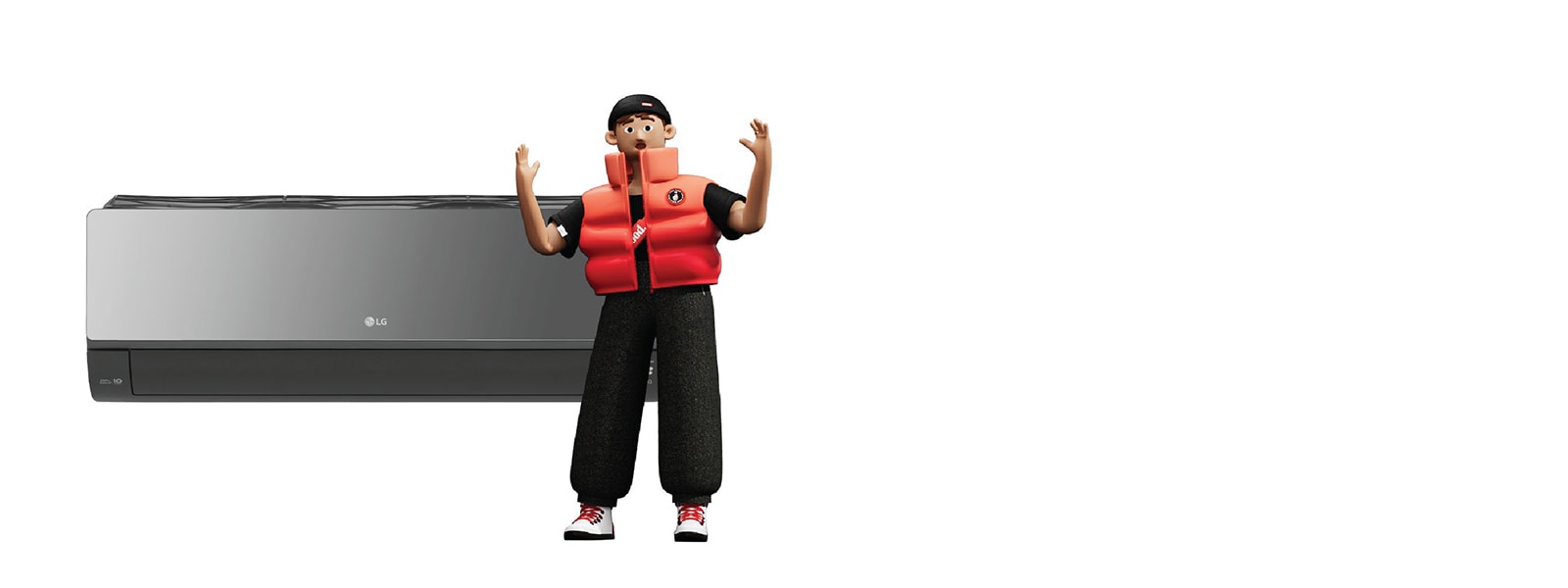 Кондиціонер LG з персонажем — кондиціонер LG, поруч персонаж у червоному жилеті та чорній кепці.