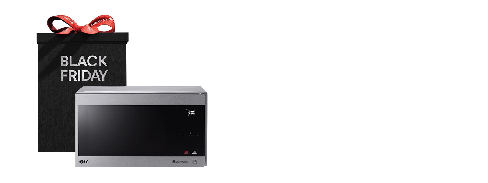 Мікрохвильова піч LG з коробкою "Black Friday" — мікрохвильова піч LG із чорною панеллю, поруч чорна подарункова коробка з написом "Black Friday".