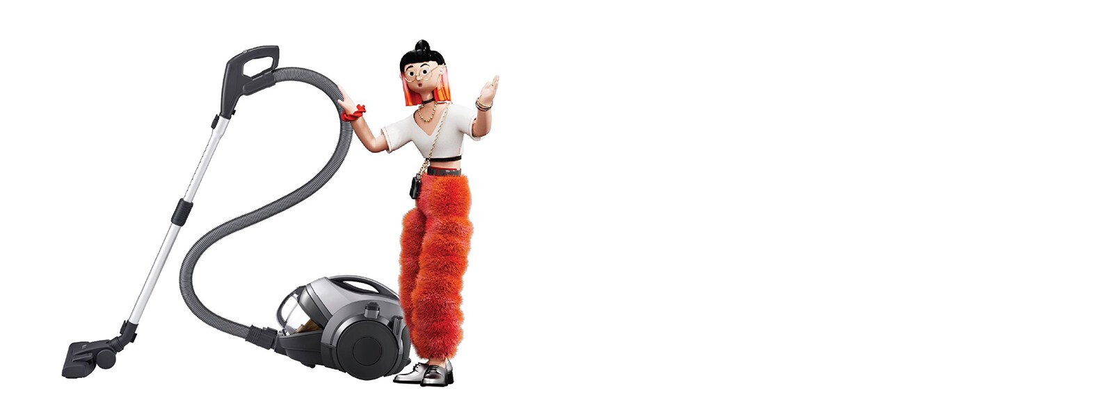 Пилосос LG з персонажем — пилосос LG зі шлангом і насадкою, поруч персонаж із піднятою рукою.