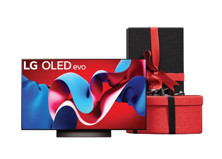 Телевізор LG OLED з подарунковими коробками — телевізор LG OLED, поруч чорна та червона подарункові коробки.