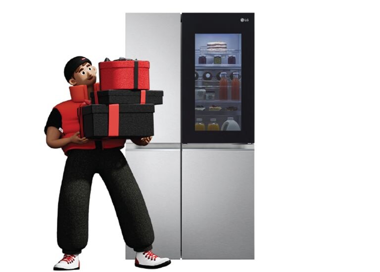Холодильник LG - Персонаж із подарунковими коробками стоїть поруч із холодильником LG, демонструючи святкову атмосферу Чорної п’ятниці.