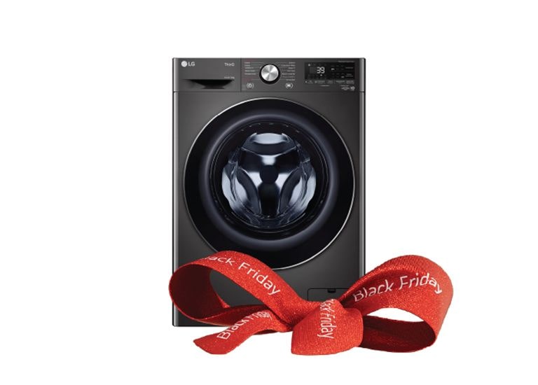Пральна машина LG зі стрічкою "Black Friday" — пральна машина LG, обгорнута червоною стрічкою з написом "Black Friday"