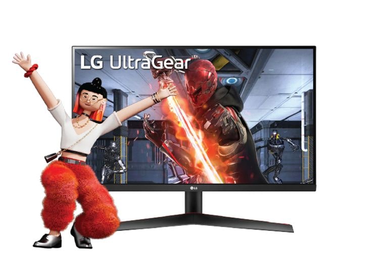 Ігровий монітор LG UltraGear з персонажем — монітор LG UltraGear із зображенням гри на екрані, поруч стоїть персонаж у яскравому вбранні. 