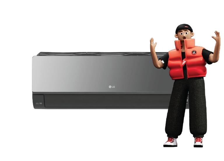 Кондиціонер LG з персонажем — кондиціонер LG, поруч персонаж у червоному жилеті та чорній кепці.