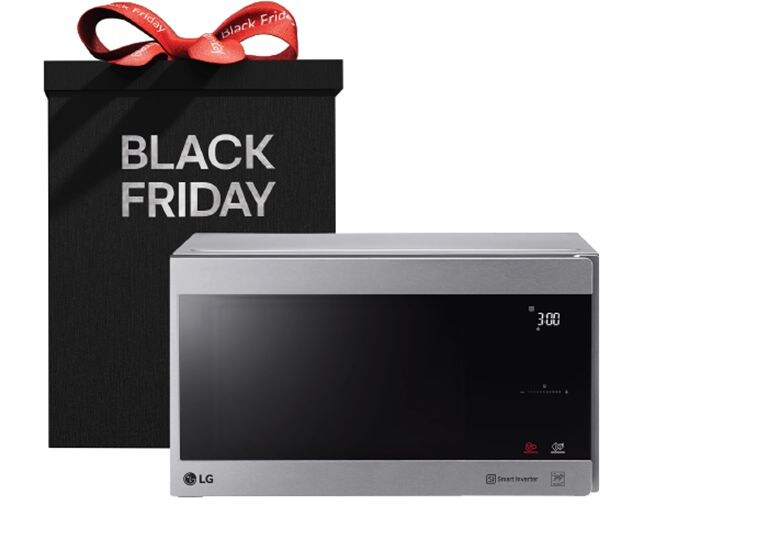 Мікрохвильова піч LG з коробкою "Black Friday" — мікрохвильова піч LG із чорною панеллю, поруч чорна подарункова коробка з написом "Black Friday".