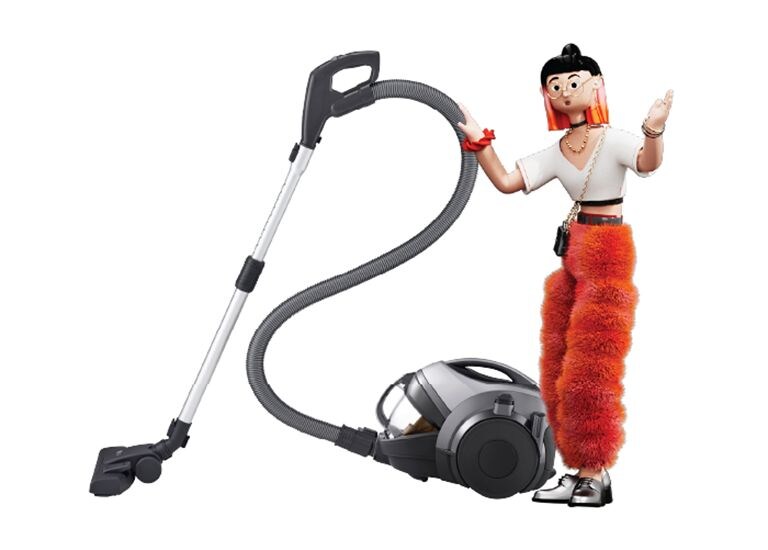 Пилосос LG з персонажем — пилосос LG зі шлангом і насадкою, поруч персонаж із піднятою рукою.