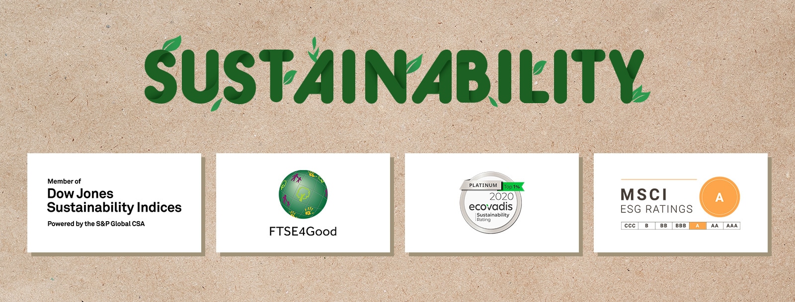 Логотип індексу сталого розвитку Доу Джонса. Логотип FTSE4Good. Логотип рейтингу сталого розвитку Ecovadis. Логотип рейтингу MSCI ESG.