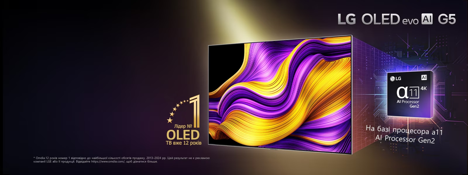 На задньому плані під кутом стоїть LG TV, на якому відображається домашній екран webOS. На головному екрані відображаються категорії перегляду й кадри з телепередач. Пульт LG Magic Remote направлений на TV.