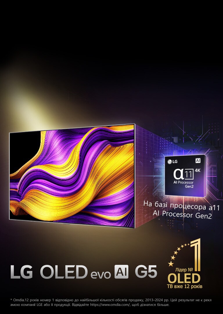 На задньому плані під кутом стоїть LG TV, на якому відображається домашній екран webOS. На головному екрані відображаються категорії перегляду й кадри з телепередач. Пульт LG Magic Remote направлений на TV.