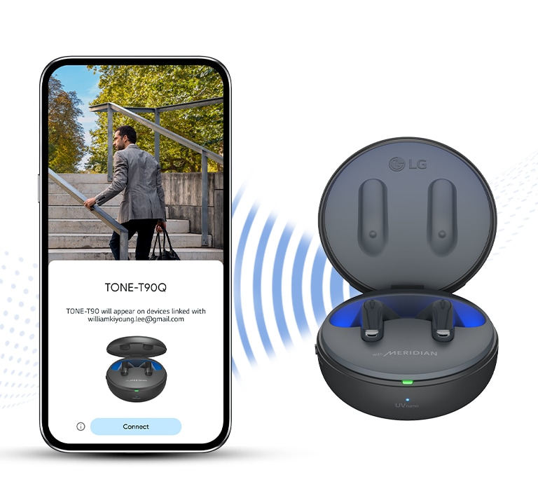 Футляр лежить поруч зі смартфоном, зображено графічне представлення зв'язку між пристроями.