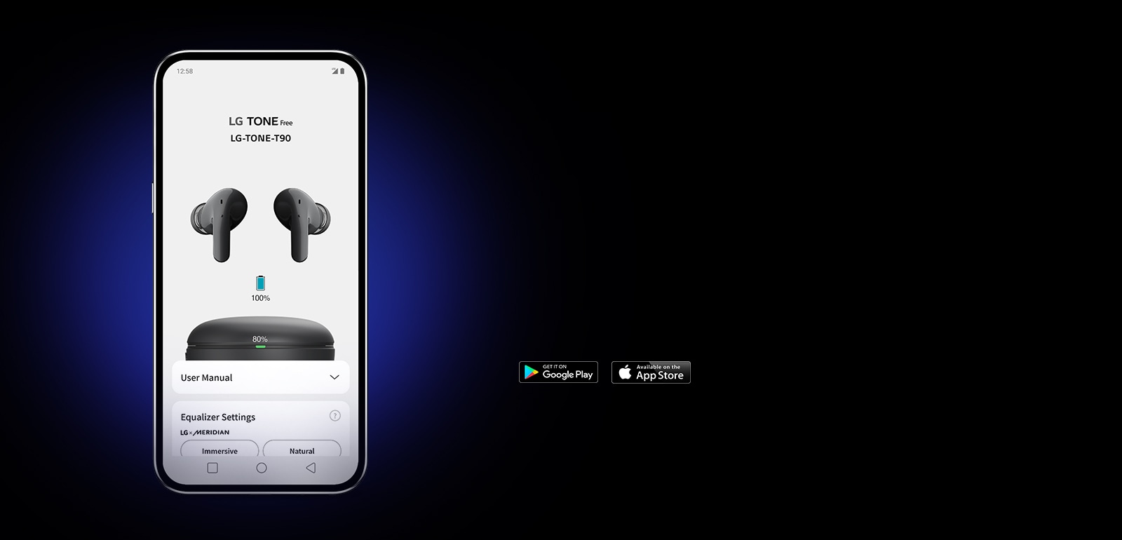 Смартфон із застосунком LG TONE Free на темному тлі. Праворуч зображені значки «Зроблено для iPhone» і «Отримайте на Google Play».