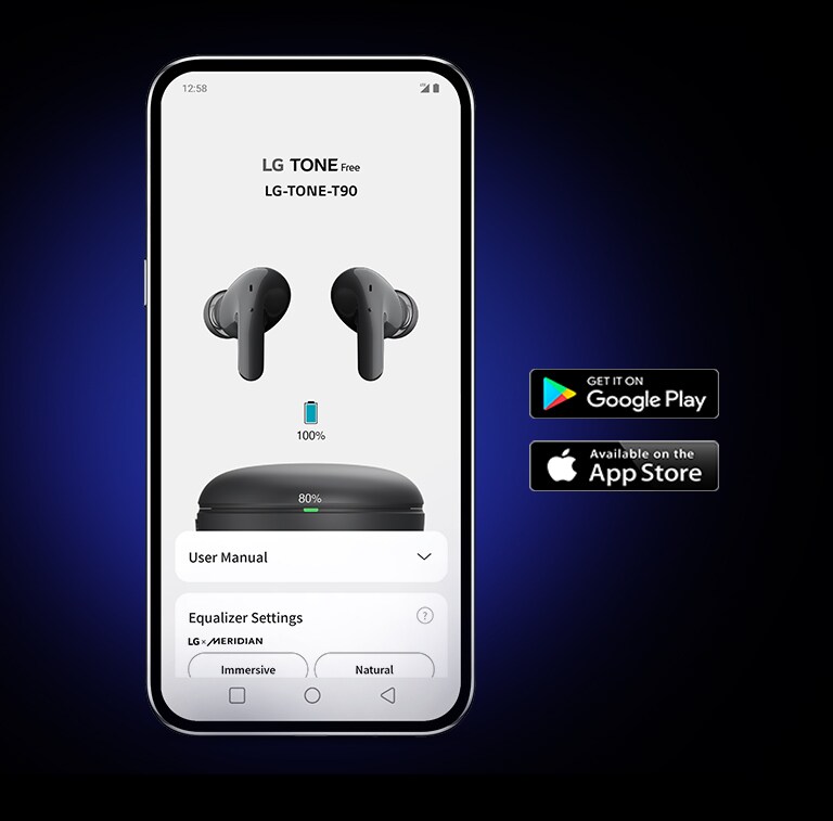 Смартфон із застосунком LG TONE Free на темному тлі. Праворуч зображені значки «Зроблено для iPhone» і «Отримайте на Google Play».