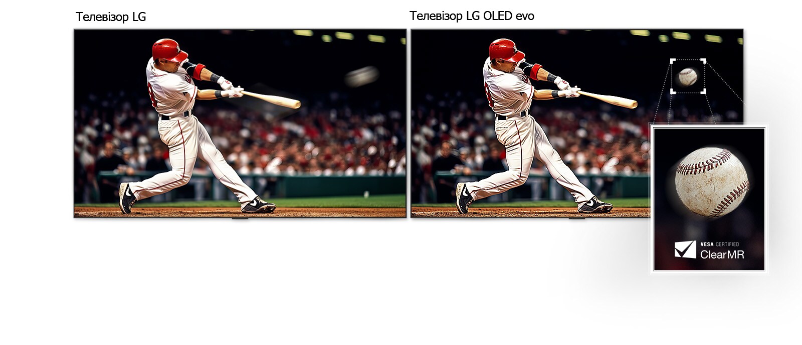 Порівняння кадру бейсбольної гри. З одного боку, позначеного як звичайний, є багато розмитості в русі навколо бейсбольної бити гравця та м’яча. З іншого боку, позначеного як LG OLED evo, динамічні зображення ідеальні без розмитості в русі. 