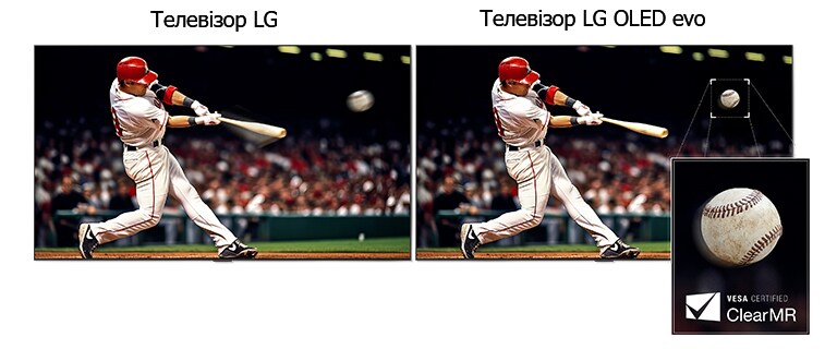 Порівняння кадру бейсбольної гри. З одного боку, позначеного як звичайний, є багато розмитості в русі навколо бейсбольної бити гравця та м’яча. З іншого боку, позначеного як LG OLED evo, динамічні зображення ідеальні без розмитості в русі. 