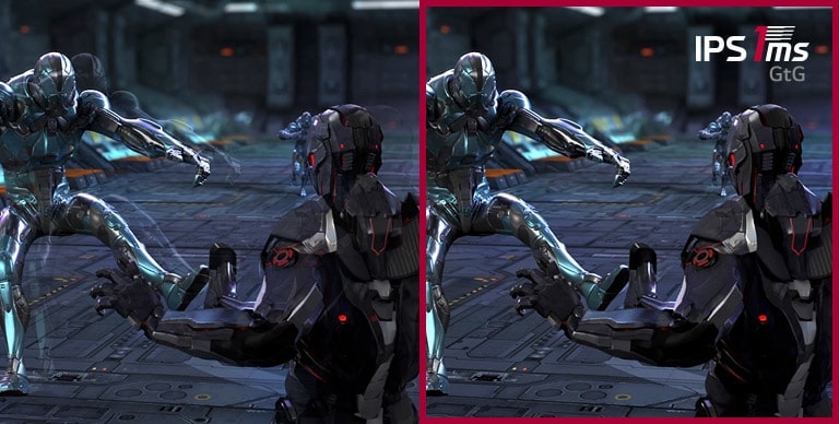 Гравець веде бій із 3 противниками в динамічній грі з FPS. IPS із часом відгуку 1 мс (GtG) у цій ігровій сцені відтворює чіткіше зображення без затемнення та мерехтіння екрана порівняно з IPS із часом відгуку 5 мс.