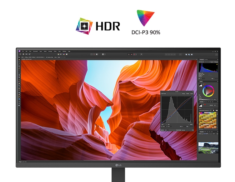 Вид спереду білого монітора LG, що відображає яскраві зображення каньйону з інструментами корекції кольору, виділяючи HDR та охоплюючи 90% колірного простору DCI-P3.