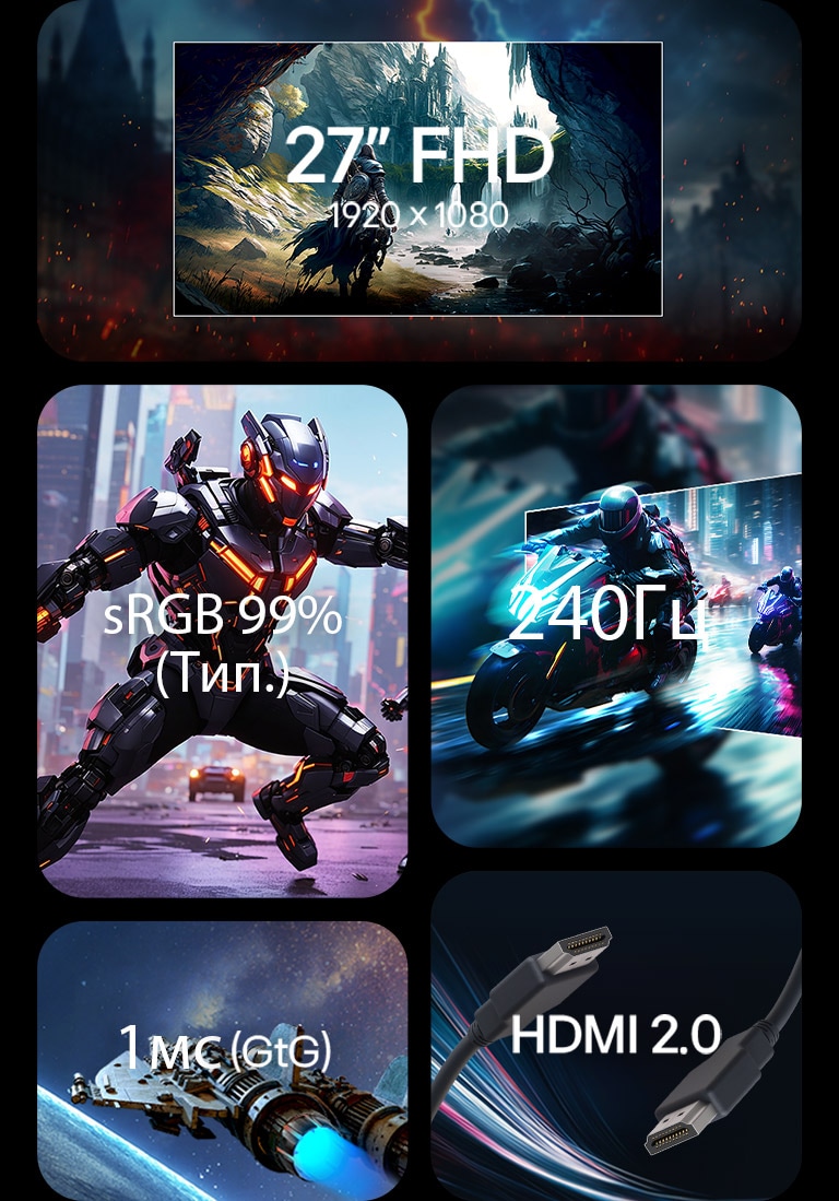 Рекламне зображення, що демонструє ключові характеристики монітора LG UltraGear 27G440A: 27-дюймовий FHD дисплей (1920×1080), охоплення кольорового простору sRGB 99% (Typ.), частота оновлення 240 Гц, час відгуку 1 мс (GtG) та підтримка HDMI 2.0.