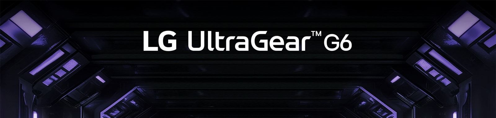 Логотип UltraGear™ G6 у футуристичній кімнаті з неоновим освітленням.